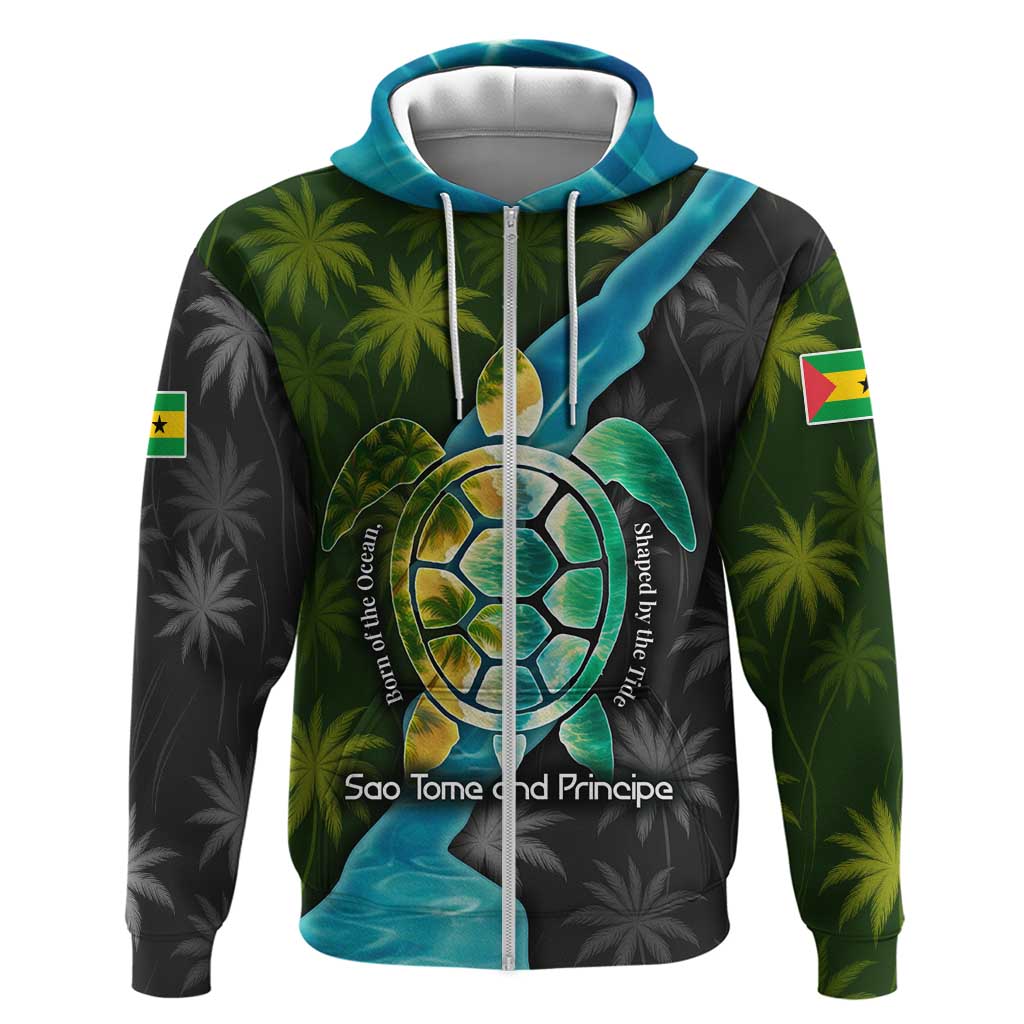 Sea Turtle Sao Tome and Principe Zip Hoodie with Ocean Tide and Tropical Palm Design