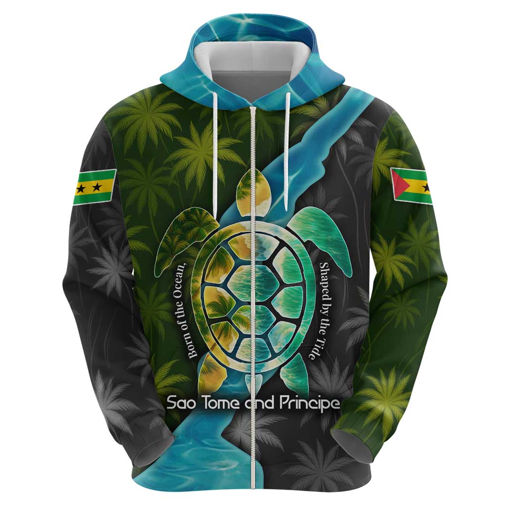 Sea Turtle Sao Tome and Principe Zip Hoodie with Ocean Tide and Tropical Palm Design