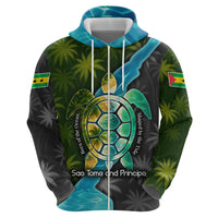Sea Turtle Sao Tome and Principe Zip Hoodie with Ocean Tide and Tropical Palm Design