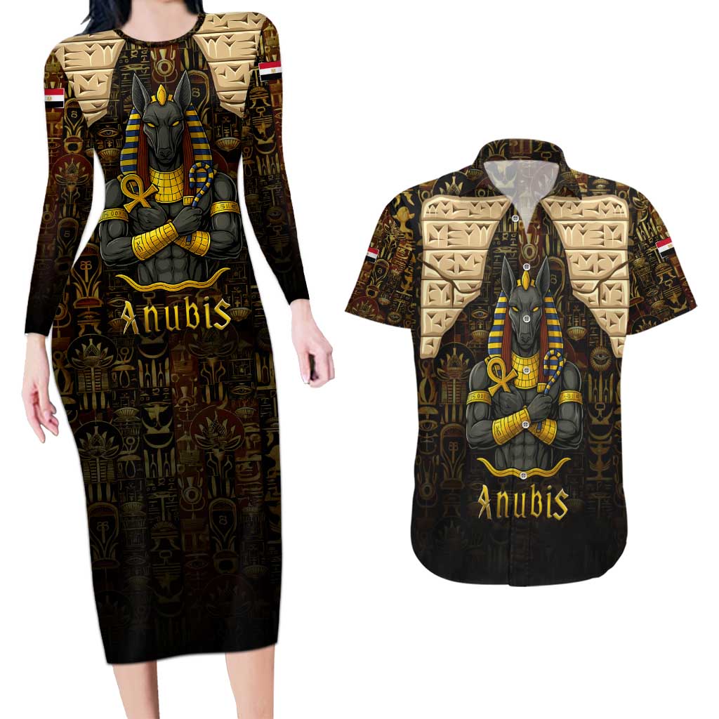 Anubis Egypt Couples Matching Long Sleeve Bodycon Dress and Hawaiian Shirt with Ancient Hieroglyph Pharaoh Spirit