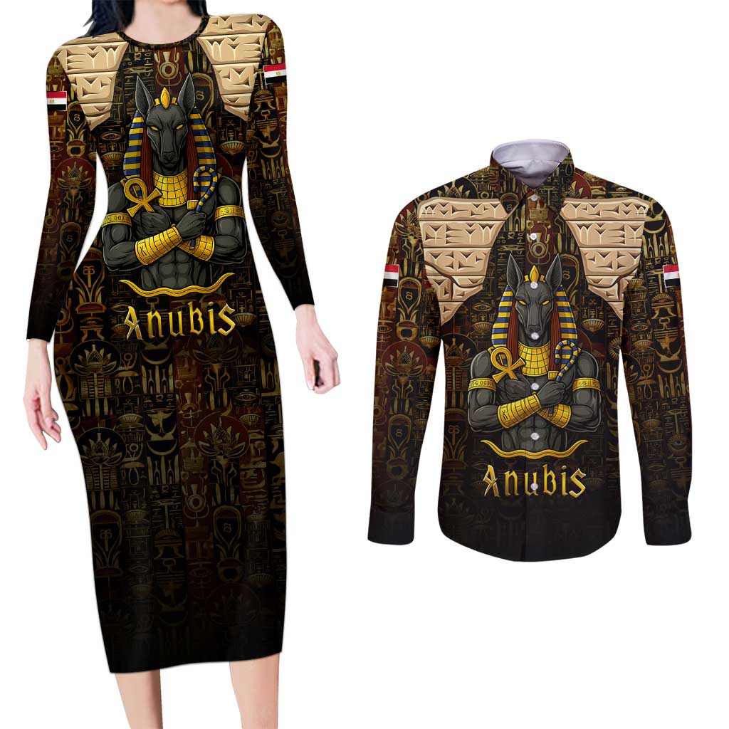 Anubis Egypt Couples Matching Long Sleeve Bodycon Dress and Long Sleeve Button Shirt with Ancient Hieroglyph Pharaoh Spirit