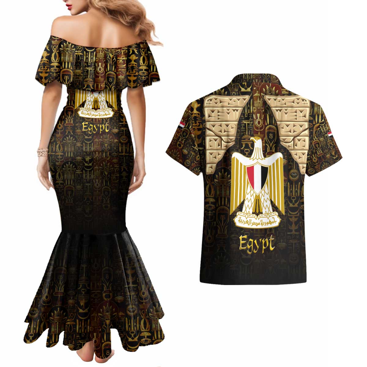 Anubis Egypt Couples Matching Mermaid Dress and Hawaiian Shirt with Ancient Hieroglyph Pharaoh Spirit