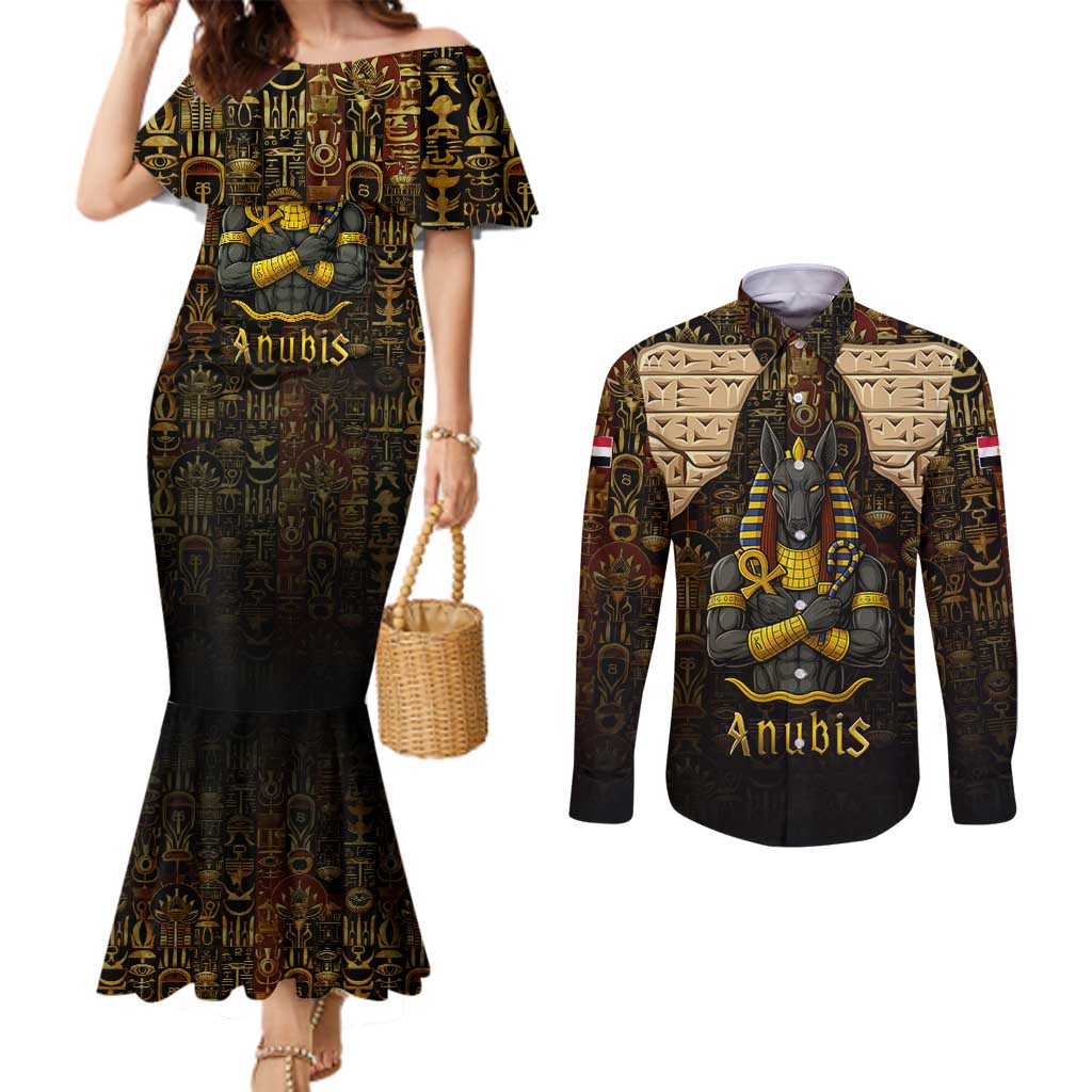 Anubis Egypt Couples Matching Mermaid Dress and Long Sleeve Button Shirt with Ancient Hieroglyph Pharaoh Spirit