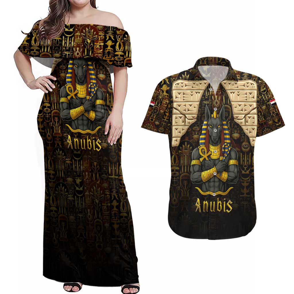Anubis Egypt Couples Matching Off Shoulder Maxi Dress and Hawaiian Shirt with Ancient Hieroglyph Pharaoh Spirit
