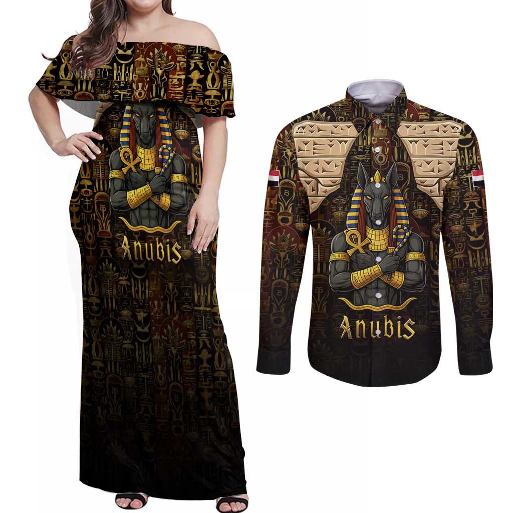 Anubis Egypt Couples Matching Off Shoulder Maxi Dress and Long Sleeve Button Shirt with Ancient Hieroglyph Pharaoh Spirit