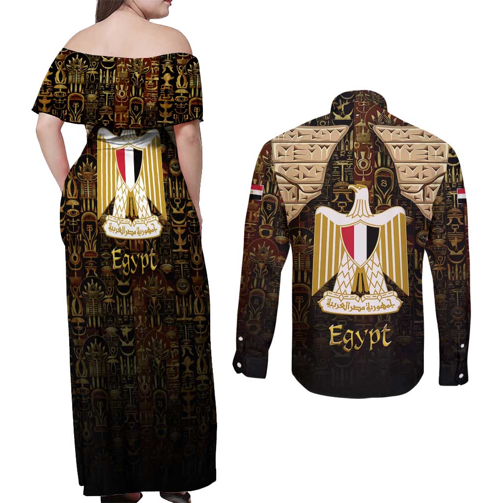 Anubis Egypt Couples Matching Off Shoulder Maxi Dress and Long Sleeve Button Shirt with Ancient Hieroglyph Pharaoh Spirit