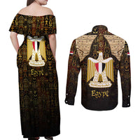 Anubis Egypt Couples Matching Off Shoulder Maxi Dress and Long Sleeve Button Shirt with Ancient Hieroglyph Pharaoh Spirit