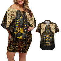 Anubis Egypt Couples Matching Off Shoulder Short Dress and Hawaiian Shirt with Ancient Hieroglyph Pharaoh Spirit