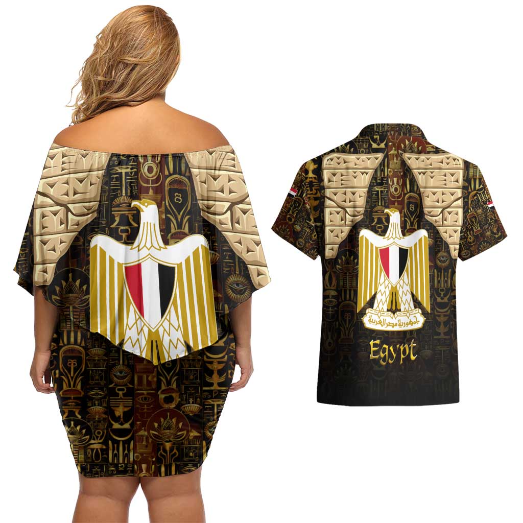Anubis Egypt Couples Matching Off Shoulder Short Dress and Hawaiian Shirt with Ancient Hieroglyph Pharaoh Spirit