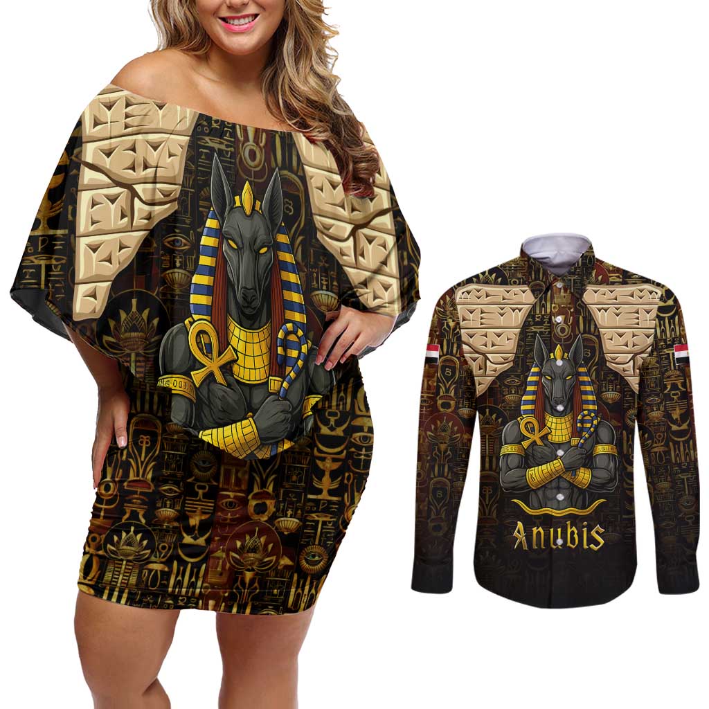 Anubis Egypt Couples Matching Off Shoulder Short Dress and Long Sleeve Button Shirt with Ancient Hieroglyph Pharaoh Spirit