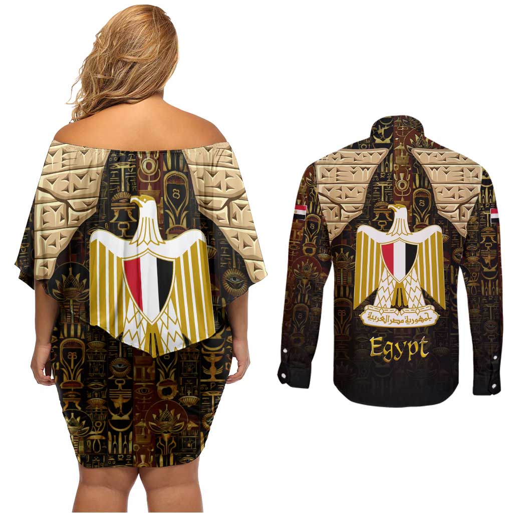 Anubis Egypt Couples Matching Off Shoulder Short Dress and Long Sleeve Button Shirt with Ancient Hieroglyph Pharaoh Spirit