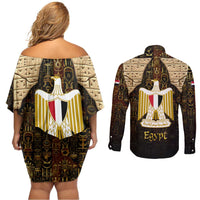 Anubis Egypt Couples Matching Off Shoulder Short Dress and Long Sleeve Button Shirt with Ancient Hieroglyph Pharaoh Spirit