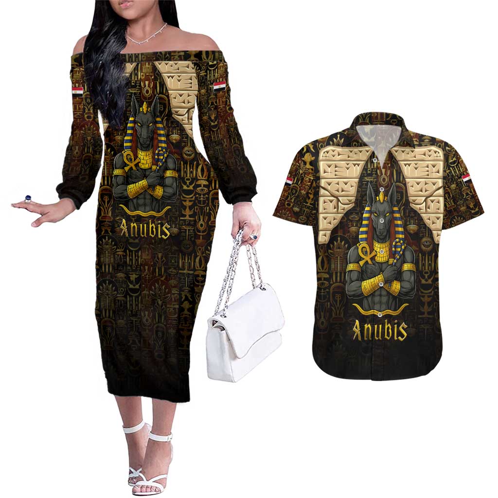 Anubis Egypt Couples Matching Off The Shoulder Long Sleeve Dress and Hawaiian Shirt with Ancient Hieroglyph Pharaoh Spirit
