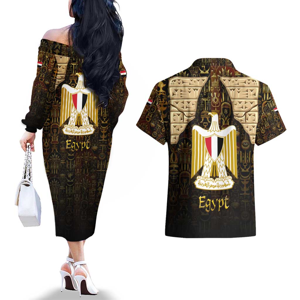 Anubis Egypt Couples Matching Off The Shoulder Long Sleeve Dress and Hawaiian Shirt with Ancient Hieroglyph Pharaoh Spirit