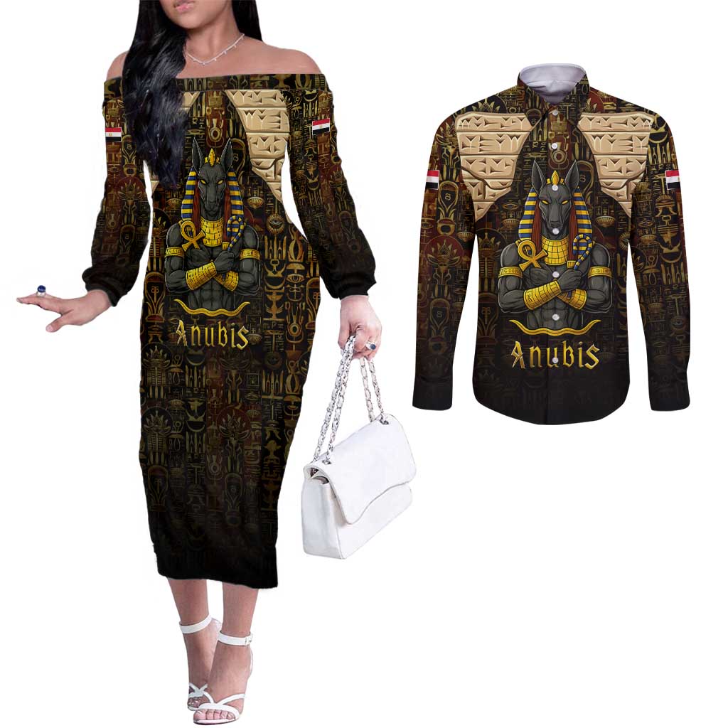 Anubis Egypt Couples Matching Off The Shoulder Long Sleeve Dress and Long Sleeve Button Shirt with Ancient Hieroglyph Pharaoh Spirit