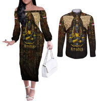 Anubis Egypt Couples Matching Off The Shoulder Long Sleeve Dress and Long Sleeve Button Shirt with Ancient Hieroglyph Pharaoh Spirit