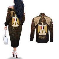 Anubis Egypt Couples Matching Off The Shoulder Long Sleeve Dress and Long Sleeve Button Shirt with Ancient Hieroglyph Pharaoh Spirit