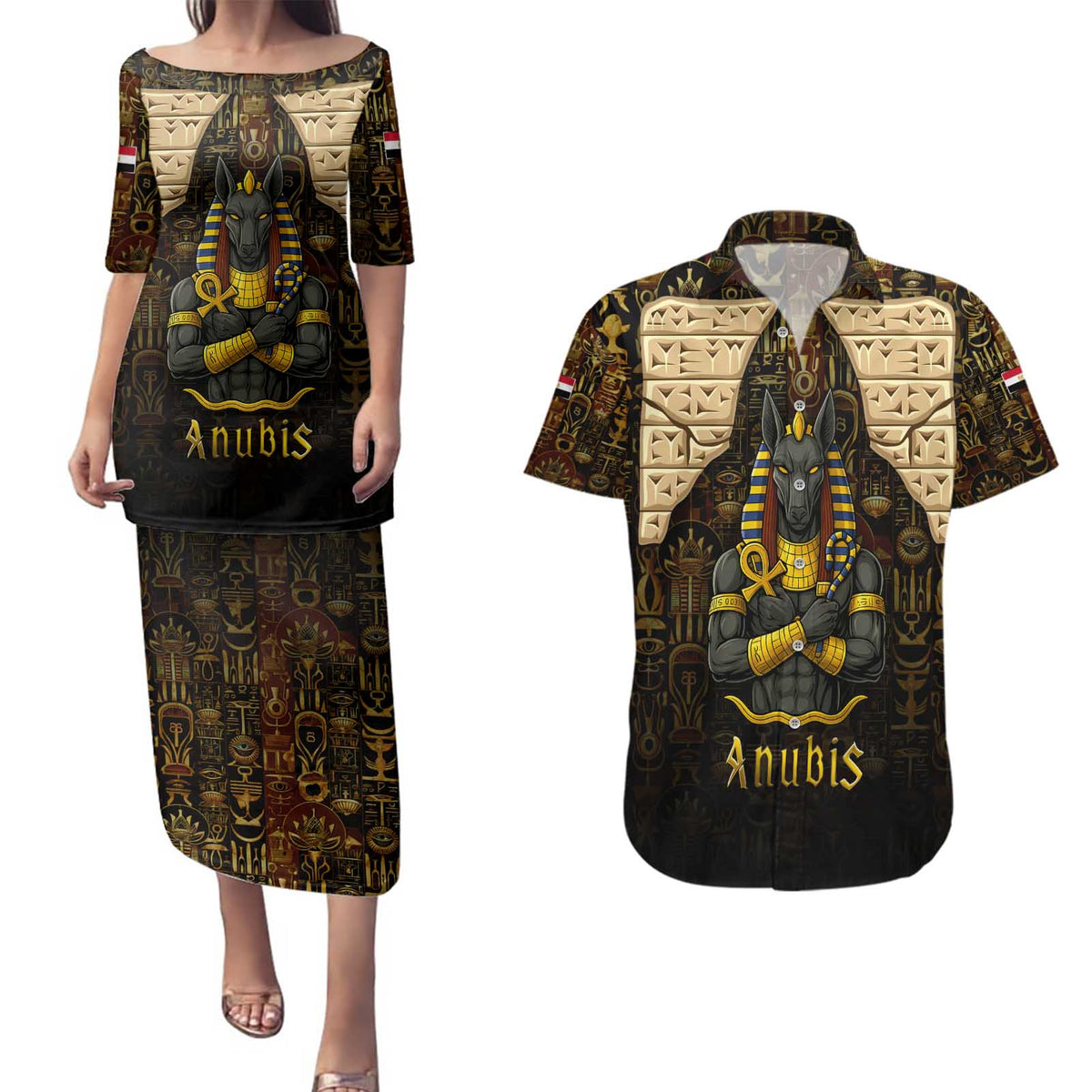 Anubis Egypt Couples Matching Puletasi and Hawaiian Shirt with Ancient Hieroglyph Pharaoh Spirit