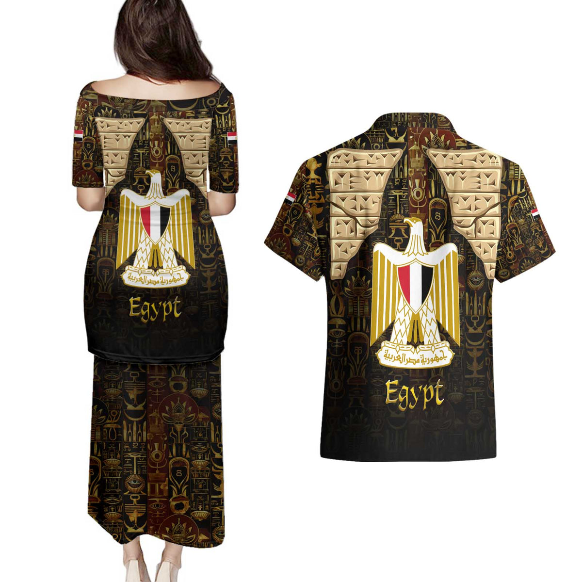 Anubis Egypt Couples Matching Puletasi and Hawaiian Shirt with Ancient Hieroglyph Pharaoh Spirit