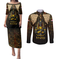 Anubis Egypt Couples Matching Puletasi and Long Sleeve Button Shirt with Ancient Hieroglyph Pharaoh Spirit