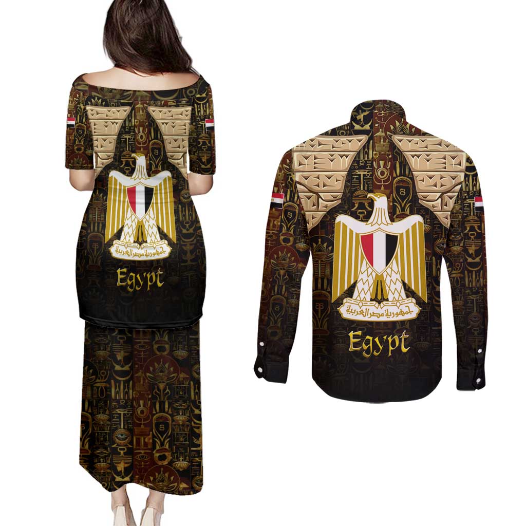 Anubis Egypt Couples Matching Puletasi and Long Sleeve Button Shirt with Ancient Hieroglyph Pharaoh Spirit