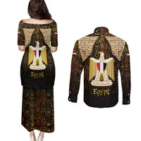 Anubis Egypt Couples Matching Puletasi and Long Sleeve Button Shirt with Ancient Hieroglyph Pharaoh Spirit