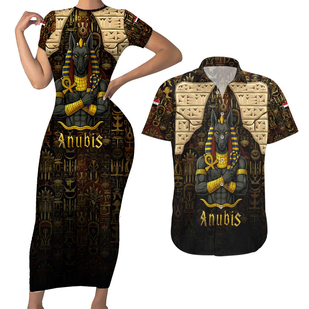 Anubis Egypt Couples Matching Short Sleeve Bodycon Dress and Hawaiian Shirt with Ancient Hieroglyph Pharaoh Spirit