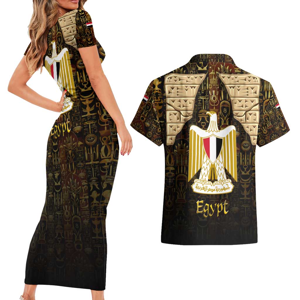 Anubis Egypt Couples Matching Short Sleeve Bodycon Dress and Hawaiian Shirt with Ancient Hieroglyph Pharaoh Spirit