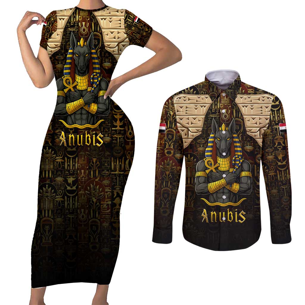 Anubis Egypt Couples Matching Short Sleeve Bodycon Dress and Long Sleeve Button Shirt with Ancient Hieroglyph Pharaoh Spirit