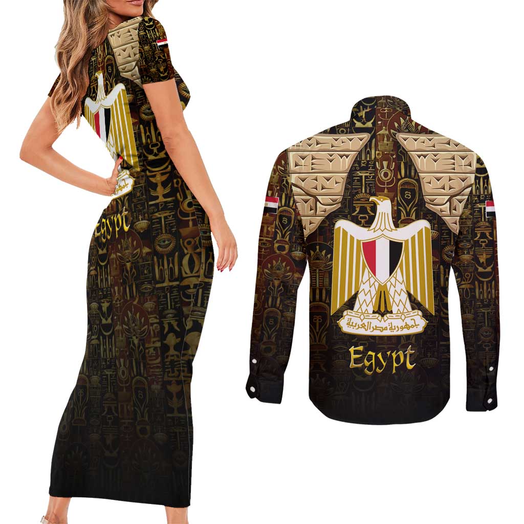 Anubis Egypt Couples Matching Short Sleeve Bodycon Dress and Long Sleeve Button Shirt with Ancient Hieroglyph Pharaoh Spirit