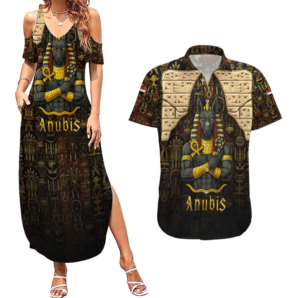 Anubis Egypt Couples Matching Summer Maxi Dress and Hawaiian Shirt with Ancient Hieroglyph Pharaoh Spirit