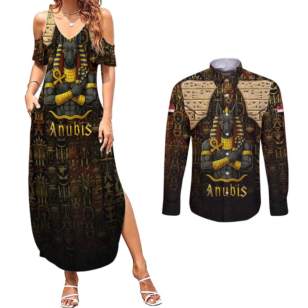 Anubis Egypt Couples Matching Summer Maxi Dress and Long Sleeve Button Shirt with Ancient Hieroglyph Pharaoh Spirit