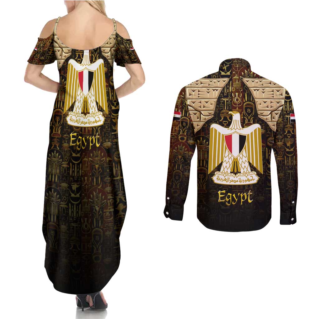 Anubis Egypt Couples Matching Summer Maxi Dress and Long Sleeve Button Shirt with Ancient Hieroglyph Pharaoh Spirit