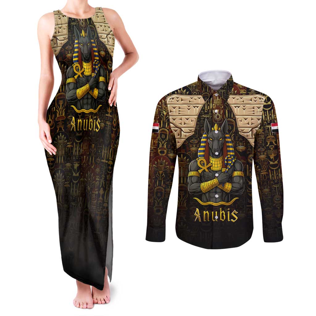Anubis Egypt Couples Matching Tank Maxi Dress and Long Sleeve Button Shirt with Ancient Hieroglyph Pharaoh Spirit