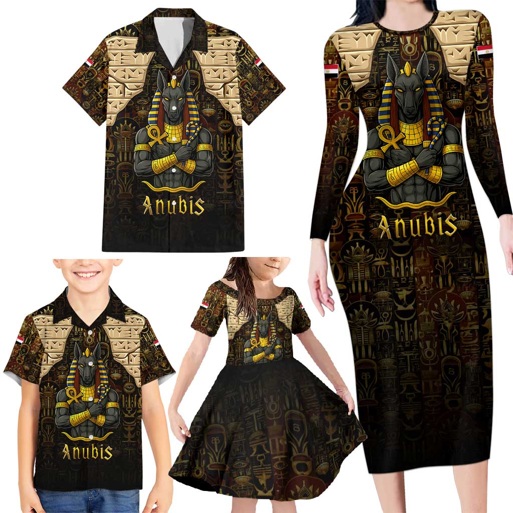 Anubis Egypt Family Matching Long Sleeve Bodycon Dress and Hawaiian Shirt with Ancient Hieroglyph Pharaoh Spirit