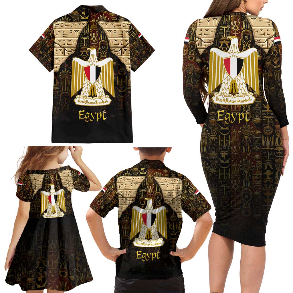 Anubis Egypt Family Matching Long Sleeve Bodycon Dress and Hawaiian Shirt with Ancient Hieroglyph Pharaoh Spirit
