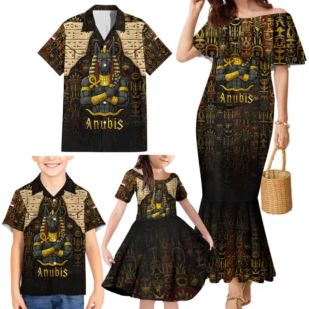 Anubis Egypt Family Matching Mermaid Dress and Hawaiian Shirt with Ancient Hieroglyph Pharaoh Spirit