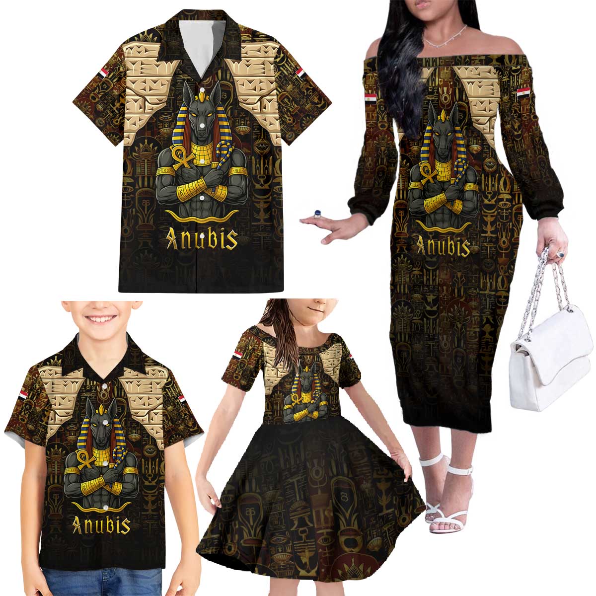Anubis Egypt Family Matching Off The Shoulder Long Sleeve Dress and Hawaiian Shirt with Ancient Hieroglyph Pharaoh Spirit