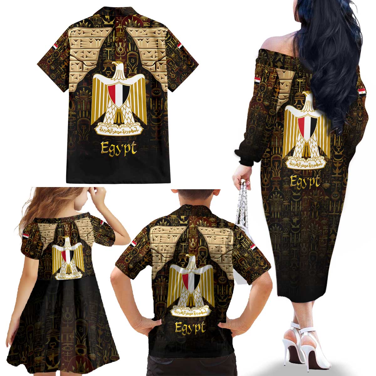 Anubis Egypt Family Matching Off The Shoulder Long Sleeve Dress and Hawaiian Shirt with Ancient Hieroglyph Pharaoh Spirit