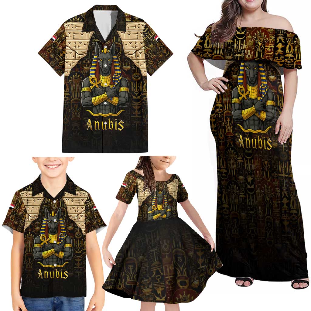 Anubis Egypt Family Matching Off Shoulder Maxi Dress and Hawaiian Shirt with Ancient Hieroglyph Pharaoh Spirit