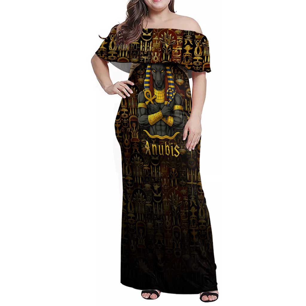 Anubis Egypt Family Matching Off Shoulder Maxi Dress and Hawaiian Shirt with Ancient Hieroglyph Pharaoh Spirit