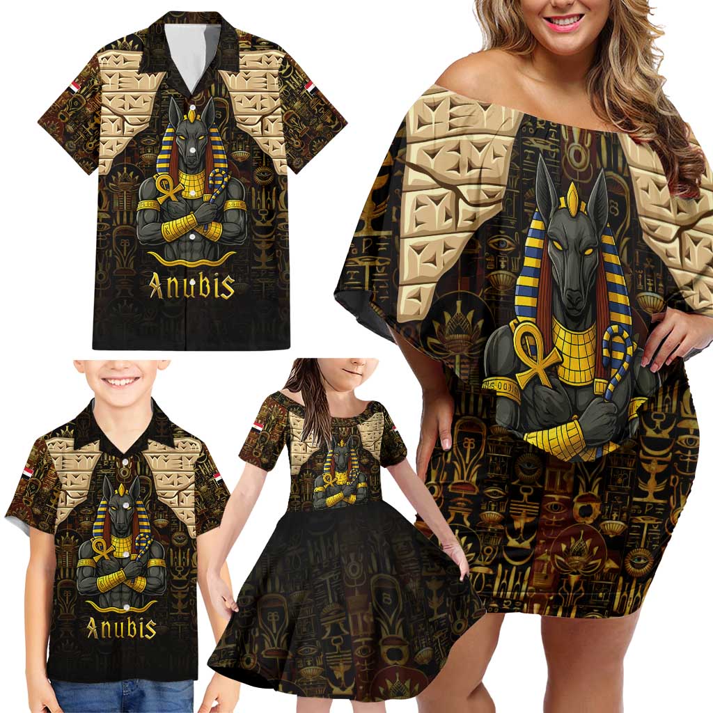 Anubis Egypt Family Matching Off Shoulder Short Dress and Hawaiian Shirt with Ancient Hieroglyph Pharaoh Spirit