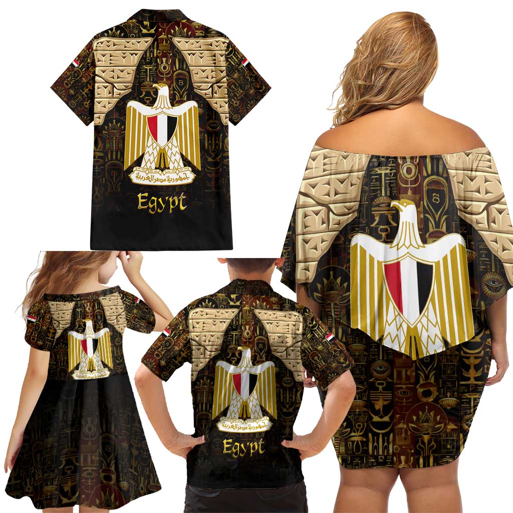 Anubis Egypt Family Matching Off Shoulder Short Dress and Hawaiian Shirt with Ancient Hieroglyph Pharaoh Spirit