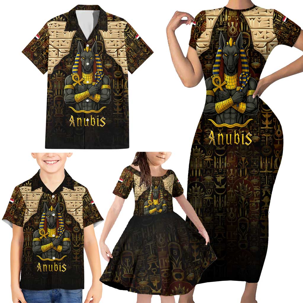 Anubis Egypt Family Matching Short Sleeve Bodycon Dress and Hawaiian Shirt with Ancient Hieroglyph Pharaoh Spirit