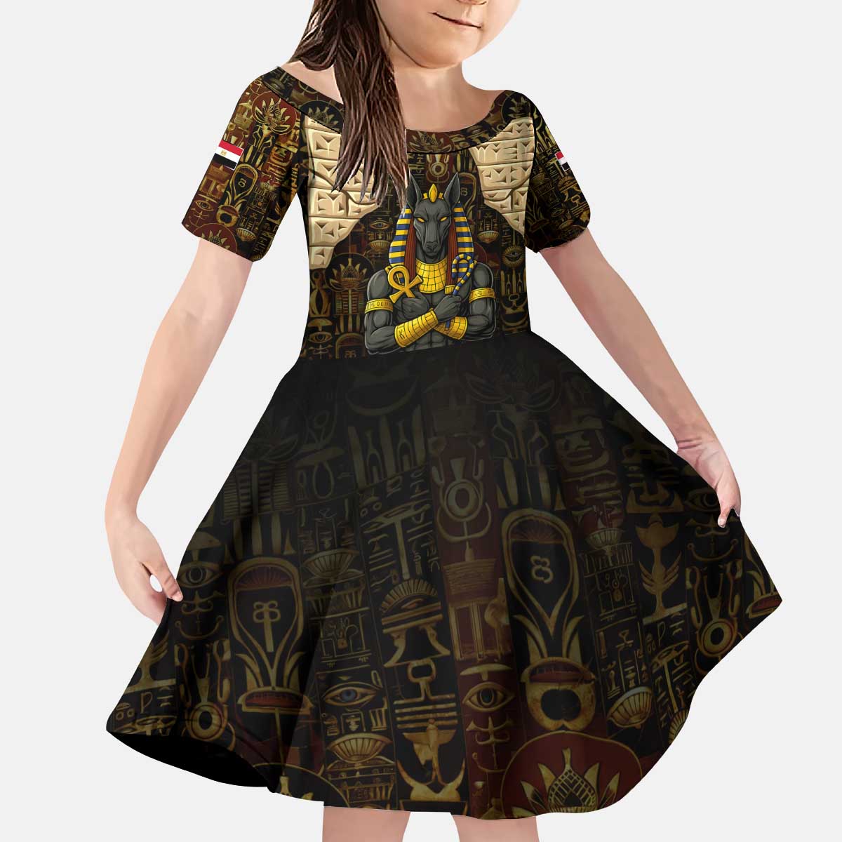 Anubis Egypt Kid Short Sleeve Dress with Ancient Hieroglyph Pharaoh Spirit