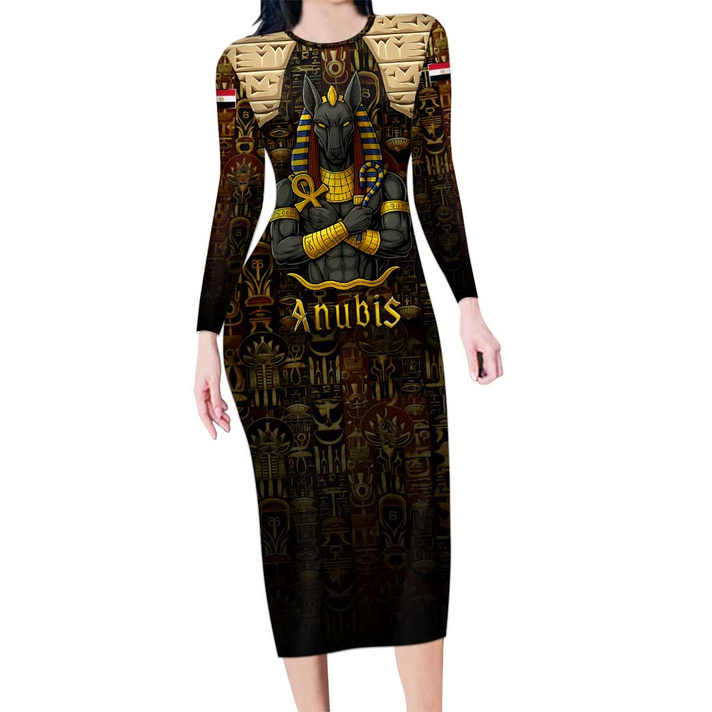 Anubis Egypt Long Sleeve Bodycon Dress with Ancient Hieroglyph Pharaoh Spirit