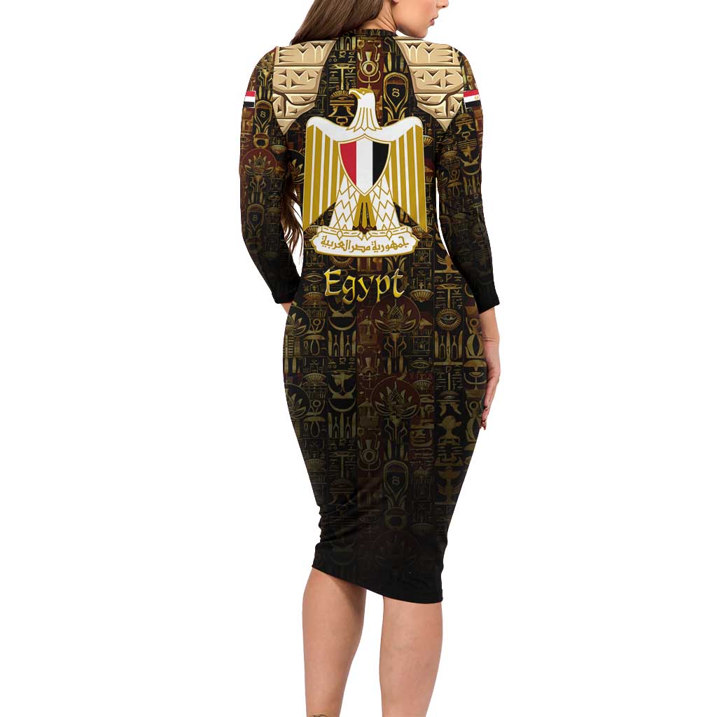 Anubis Egypt Long Sleeve Bodycon Dress with Ancient Hieroglyph Pharaoh Spirit