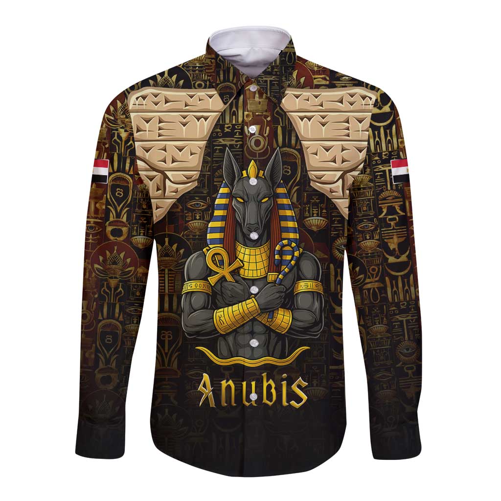 Anubis Egypt Long Sleeve Button Shirt with Ancient Hieroglyph Pharaoh Spirit