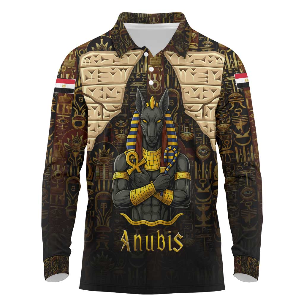 Anubis Egypt Long Sleeve Polo Shirt with Ancient Hieroglyph Pharaoh Spirit