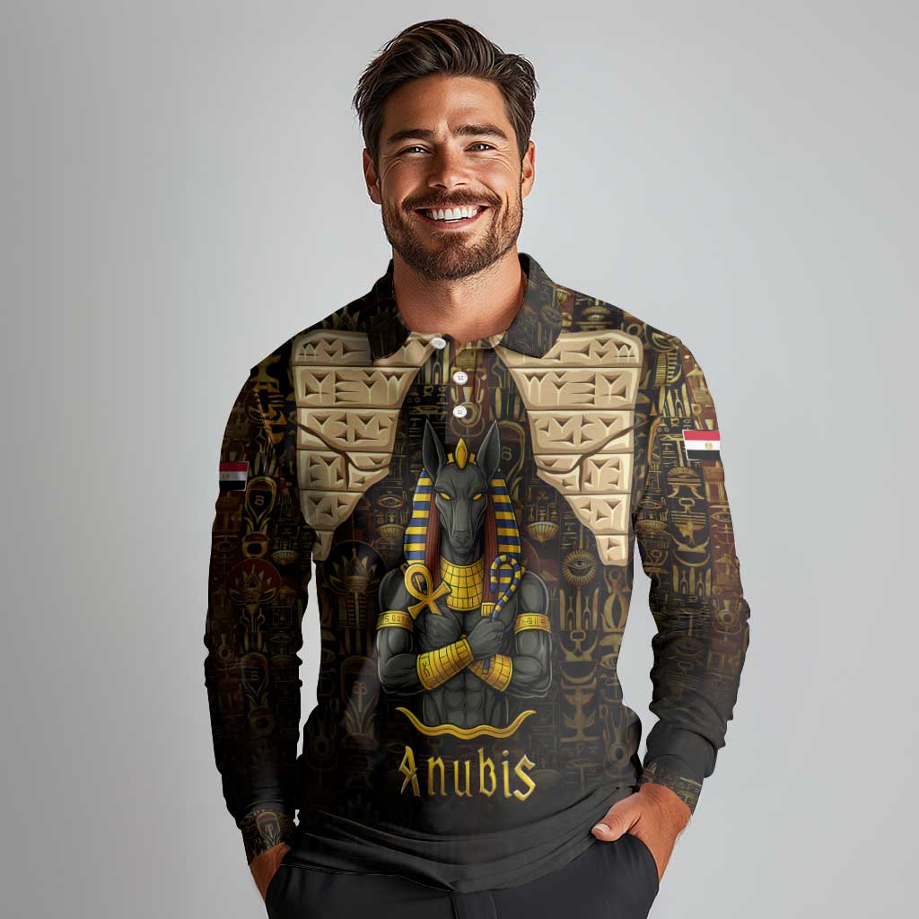 Anubis Egypt Long Sleeve Polo Shirt with Ancient Hieroglyph Pharaoh Spirit